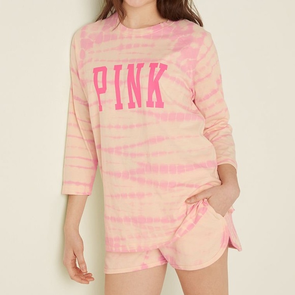 Victoria's Secret PINK Campus Baseball Tee Light Ivory Tie Dye Large NEW - Picture 1 of 5